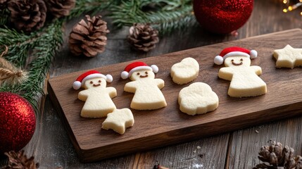 Christmas themed cookie cutters shaped like gingerbread men and festive shapes on a wooden board with pine cones and decorations Copy Space