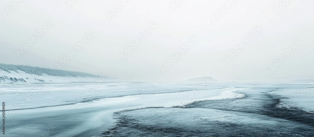 Poster foggy landscape with frozen water and ice patterns in pale light copy space