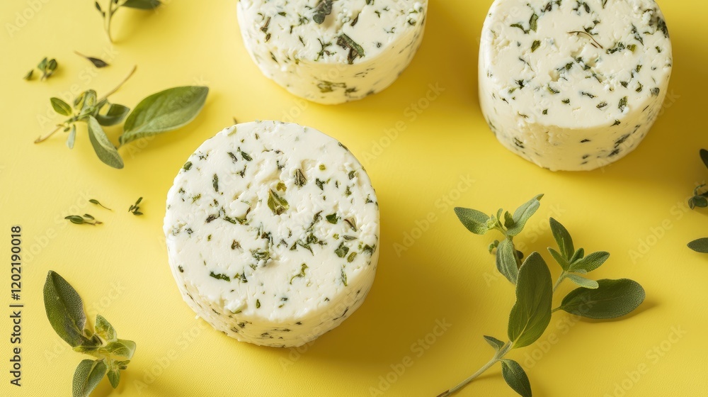 Aufkleber herb infused cheese rounds on a yellow background with fresh herbs and copy space for text.