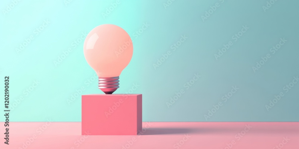 Poster a soft pink cube supports a glowing light bulb set against a minimal gradient background, inviting c