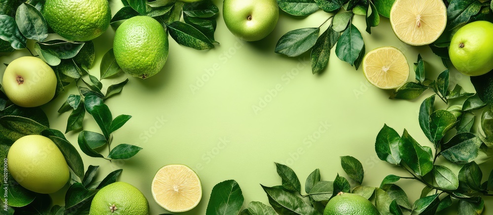 Poster Fresh green apples and limes arranged with leaves on a light green background with ample Copy Space for text.