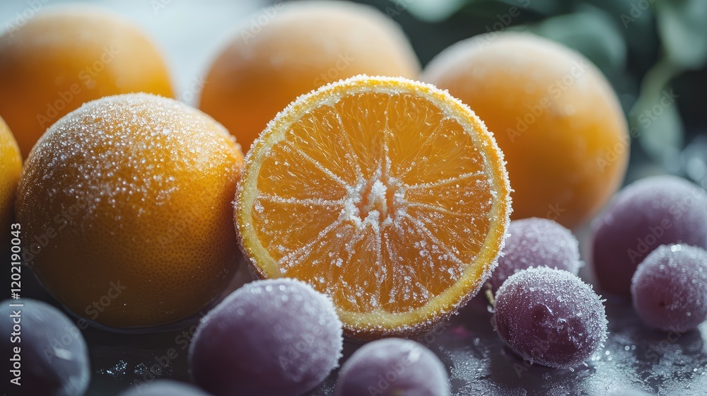 Poster frozen citrus and grapes on a surface with moisture showcasing texture and detail with copy space fo