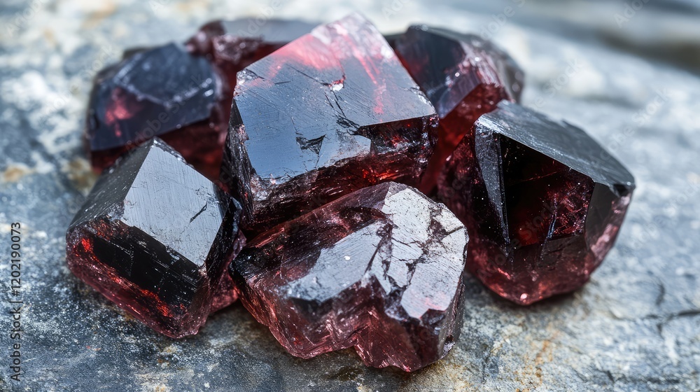 Aufkleber raw red garnet gemstones on textured gray stone surface with copy space for text placement.