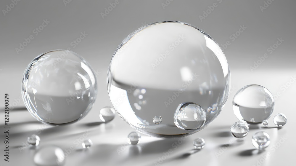 Aufkleber transparent water bubbles of varying sizes on a smooth surface with soft shadows and light reflectio