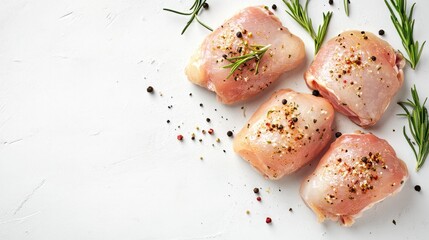 Raw chicken thighs with spices and fresh rosemary on a white background with ample copy space for text placement
