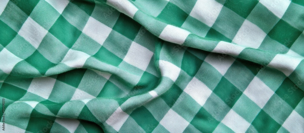 Poster green and white checkered fabric texture with folds and wrinkles suitable for backgrounds and textil