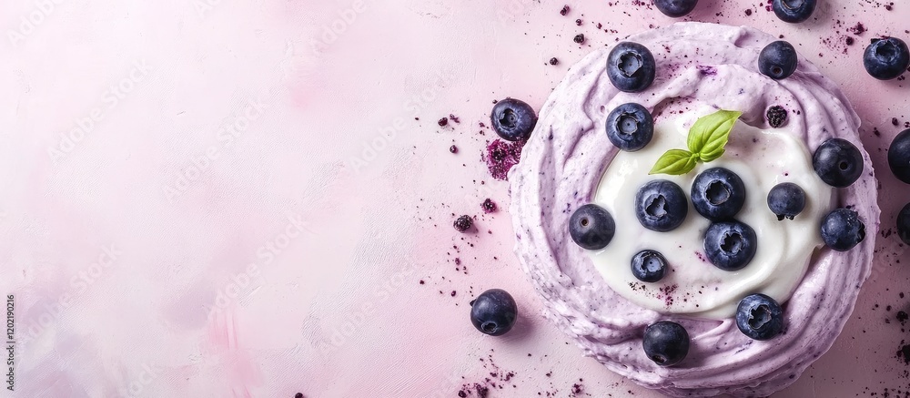 Poster blueberry dessert with cream and fresh blueberries on a pink background with copy space for text