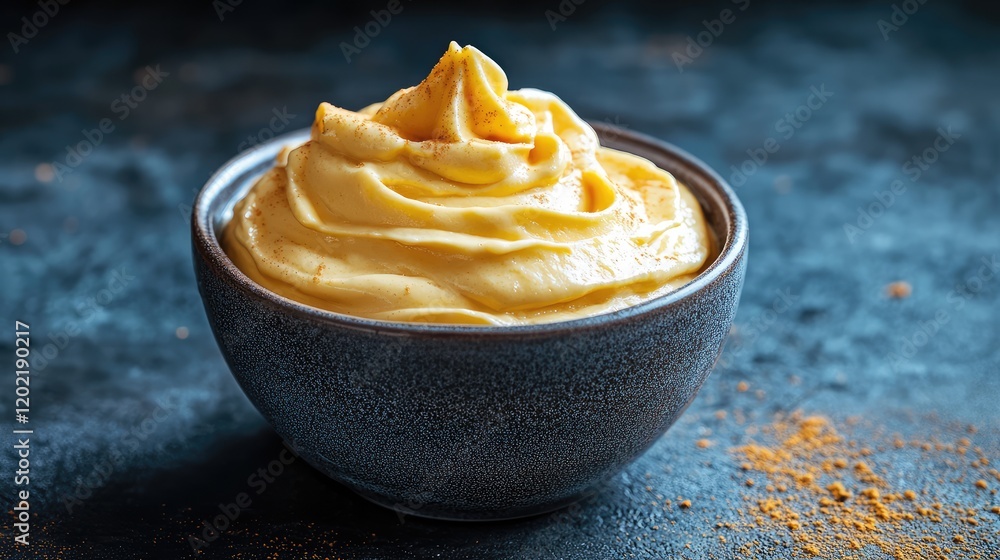 Poster creamy yellow butter or spread in a dark textured bowl with scattered spices on a contrasting surfac