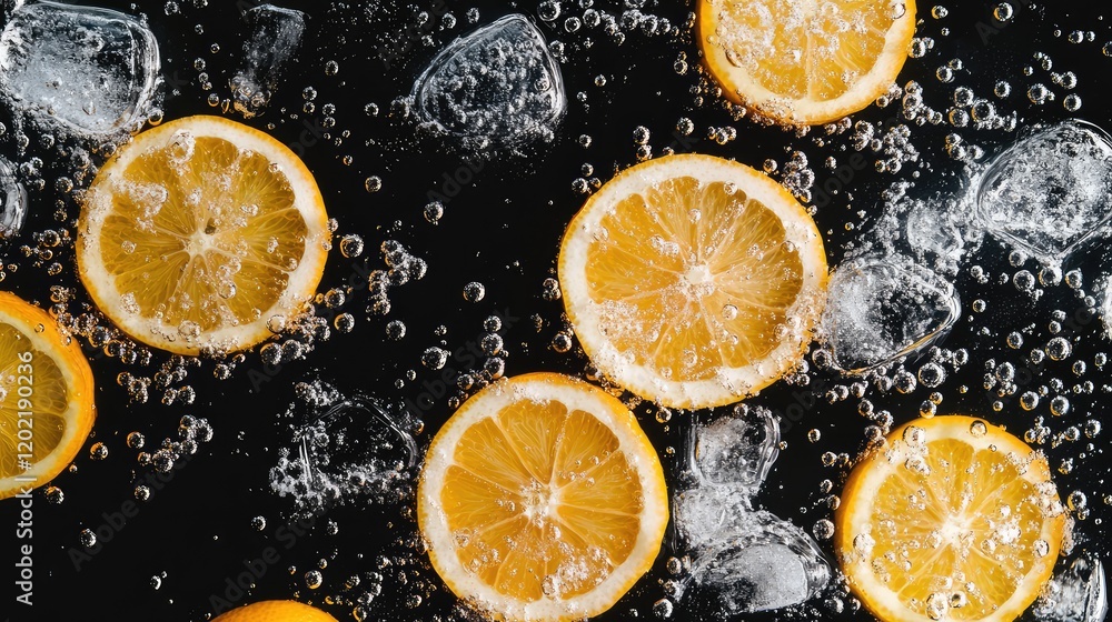 Poster Sliced lemon floating in carbonated water with ice cubes on dark background Copy Space