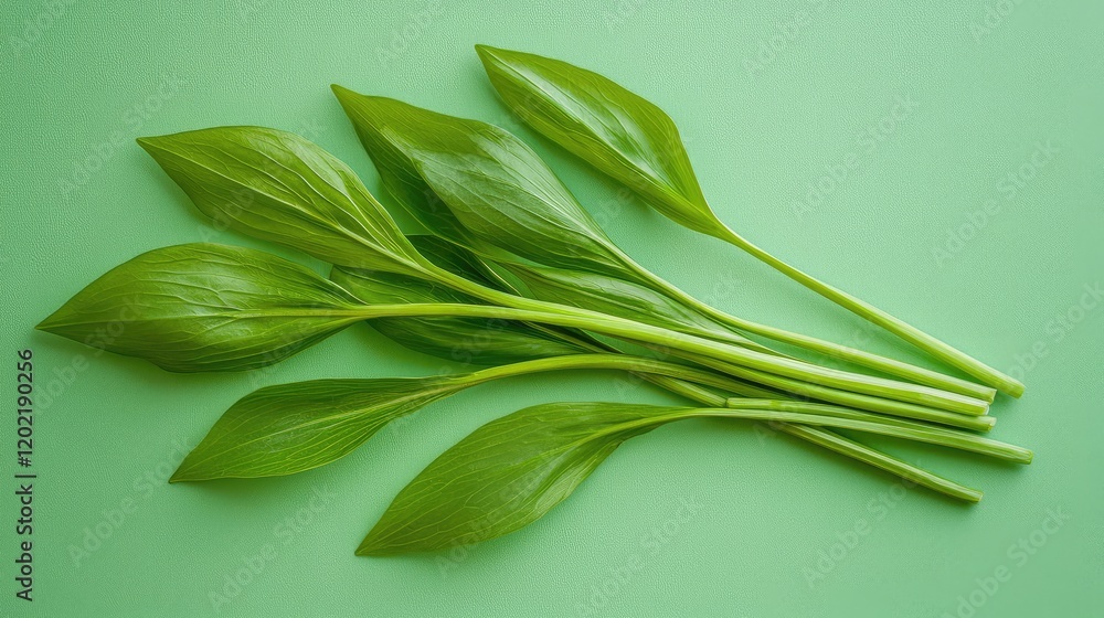 Poster fresh green leaves arranged on a solid green background with copy space for text placement.