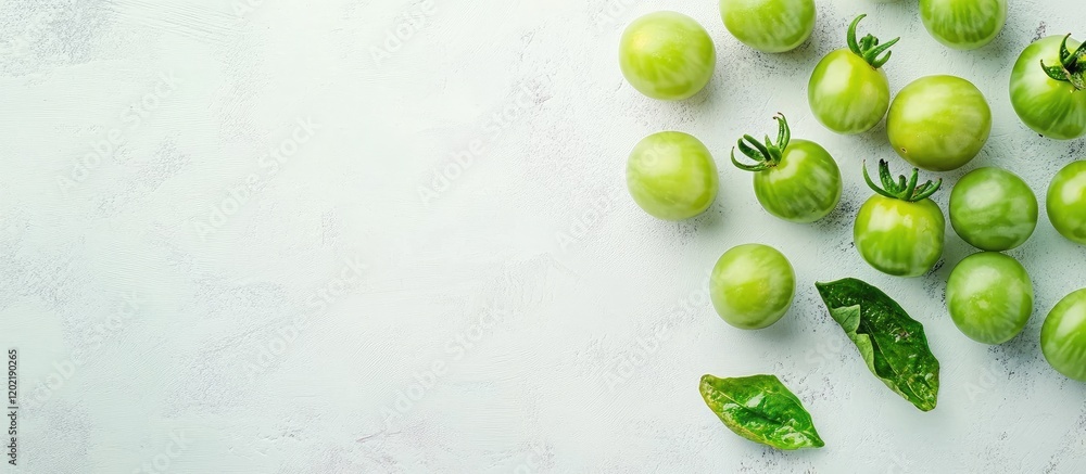 Poster fresh green tomatoes with leaves arranged on a light textured surface copy space