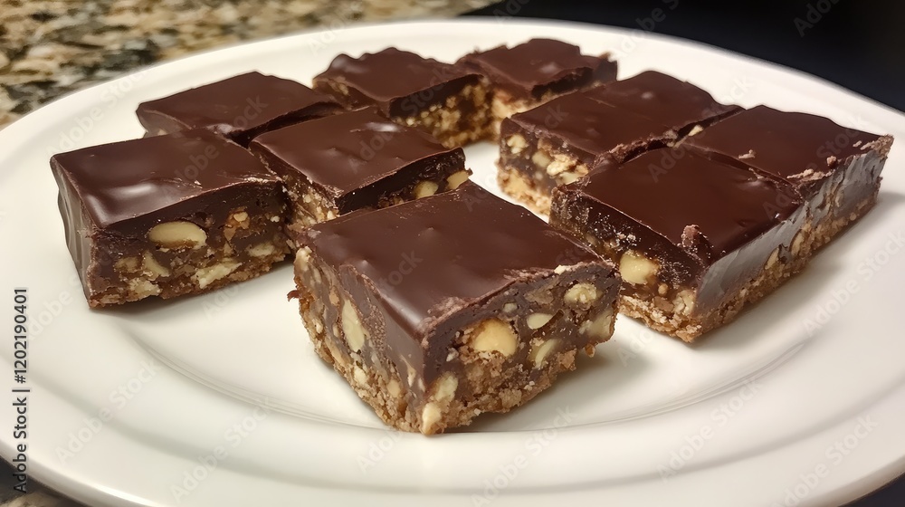 Poster chocolate nut bars arranged on a white plate with a dark countertop background copy space available