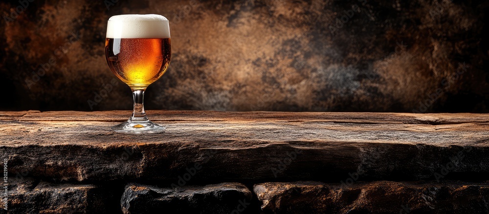 Poster Glass of beer with foam on a wooden table against a textured dark background with Copy Space for text placement.
