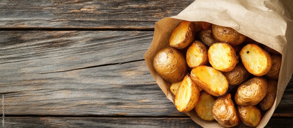 Poster freshly roasted golden potatoes in a paper bag on rustic wooden background with copy space