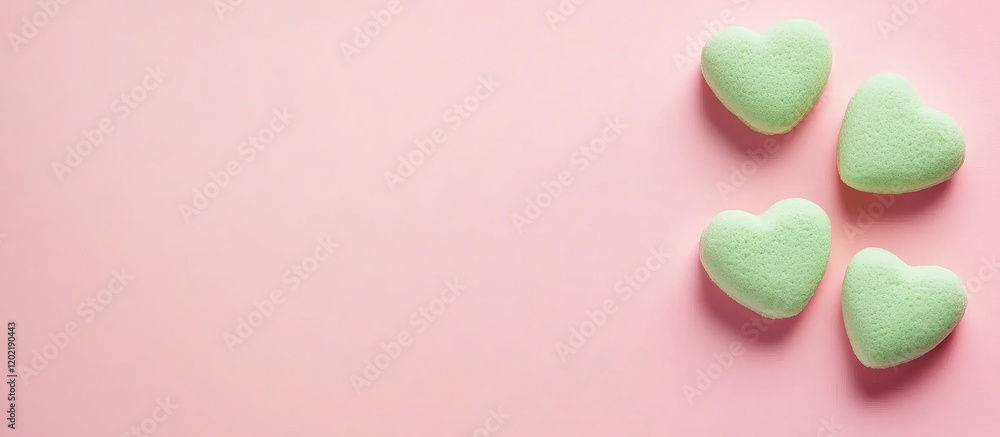 Poster green heart-shaped candies on pink background with copy space for text placement.