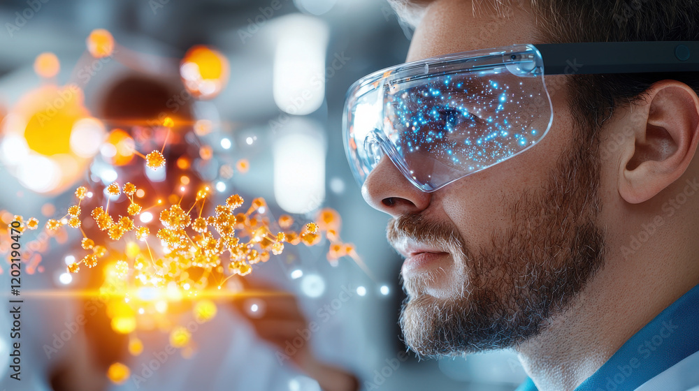 Aufkleber scientist wearing augmented reality glasses observes digital data visualizations, showcasing innovation and technology in research. scene captures moment of discovery and exploration