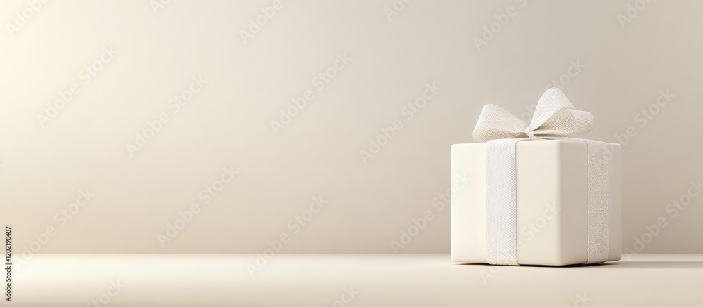 Poster white gift box with a bow on a minimalistic background with ample copy space for text placement.