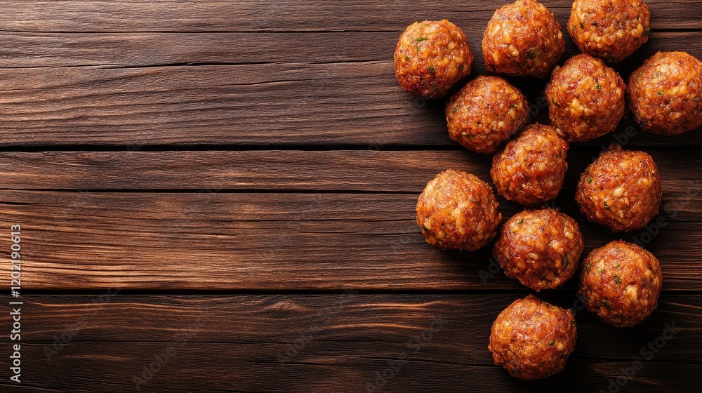 Poster group of cooked meatballs arranged on a rustic wooden surface with copy space for text insertion