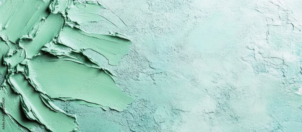 Poster textured abstract background in shades of mint green with layered paint strokes and copy space for t