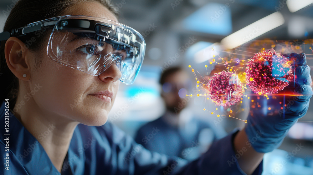 Poster scientist wearing ar glasses examines molecular structures in lab, showcasing advanced technology an