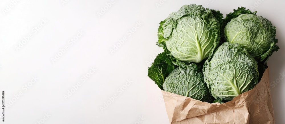 Poster fresh green cabbage heads in a natural kraft paper bag against a white background with copy space fo