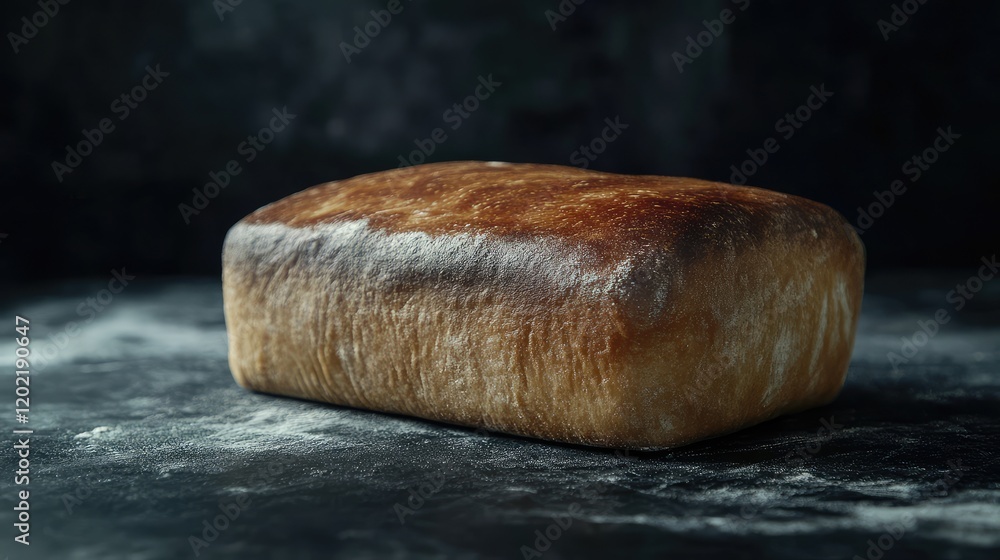Poster freshly baked rustic bread loaf on a dark textured surface with flour dust and copy space to insert 