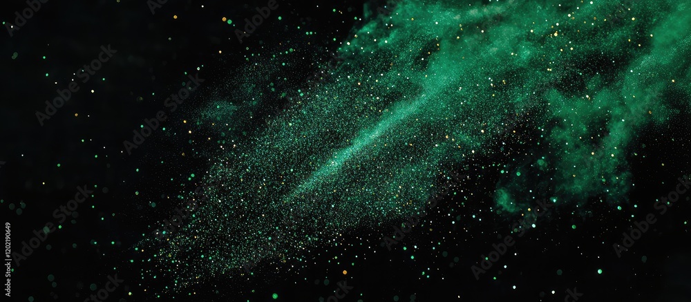 Poster cosmic dust and green gas nebula against a black background with copy space for text placement