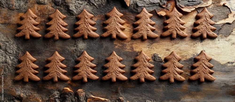 Poster gingerbread cookies arranged in rows shaped like christmas trees on a rustic wooden background with 
