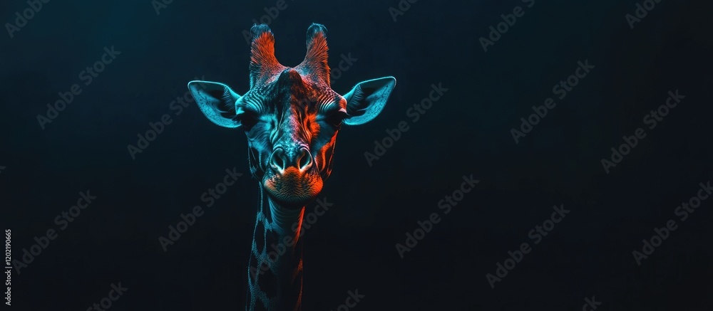 Poster giraffe portrait with vibrant blue and red lighting against dark background featuring copy space for