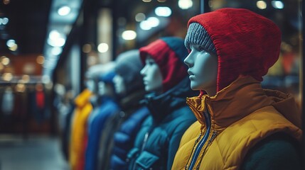 Obraz premium Winter fashion display, mannequins in store, clothing showcase, jackets, hats