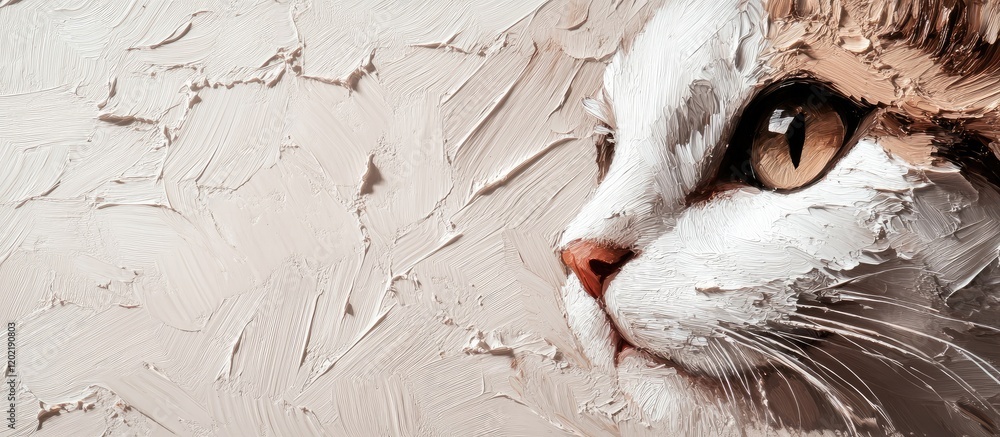 Poster close-up of a cat's face with detailed fur textures and a neutral background ideal for copy space.