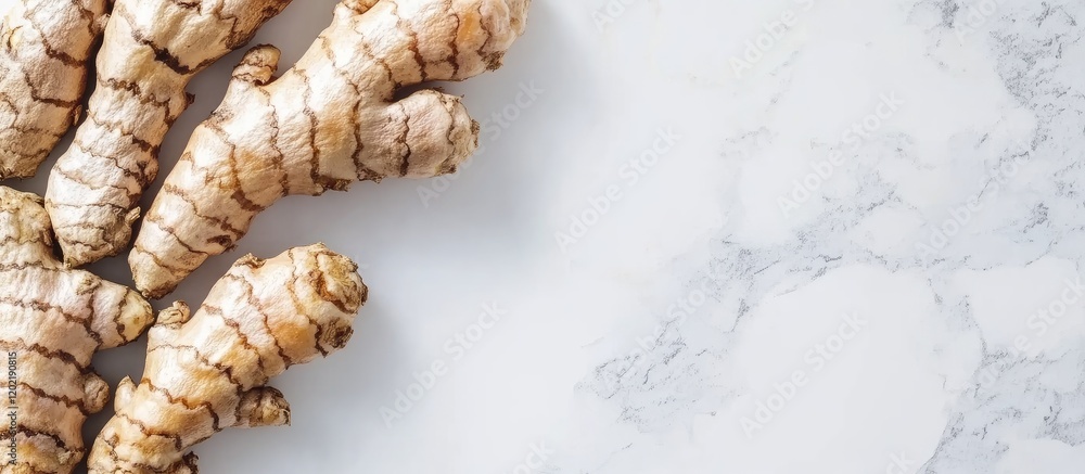 Poster fresh turmeric root on marble countertop with copy space for text placement