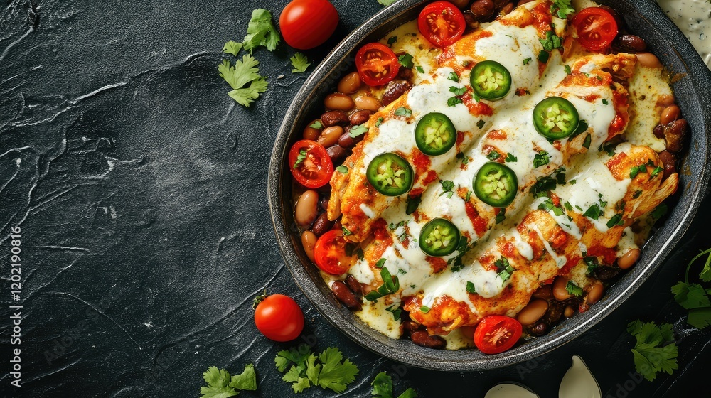 Poster baked chicken enchiladas with cheese and fresh vegetables on a textured dark background with copy sp