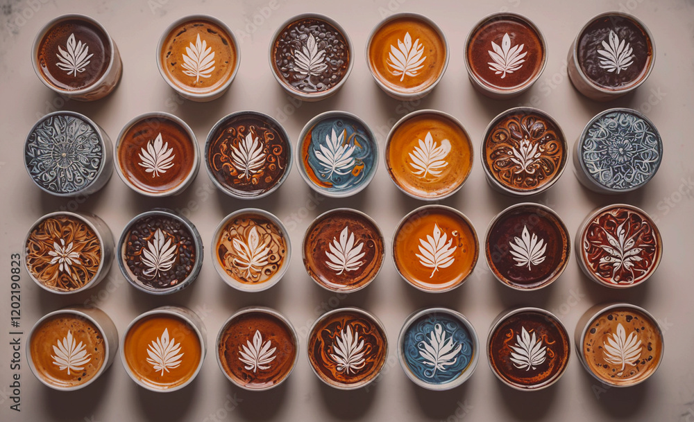 Poster A row of coffee cups with leaf designs on them. The cups are arranged in a line and are of different colors