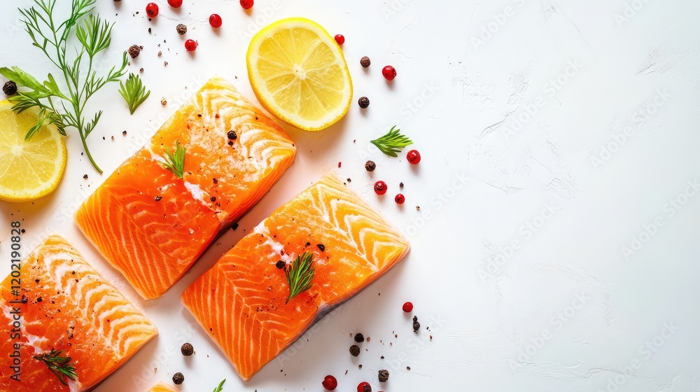 Poster fresh raw salmon fillets with lemon slices and colorful peppercorns on a white background with copy 