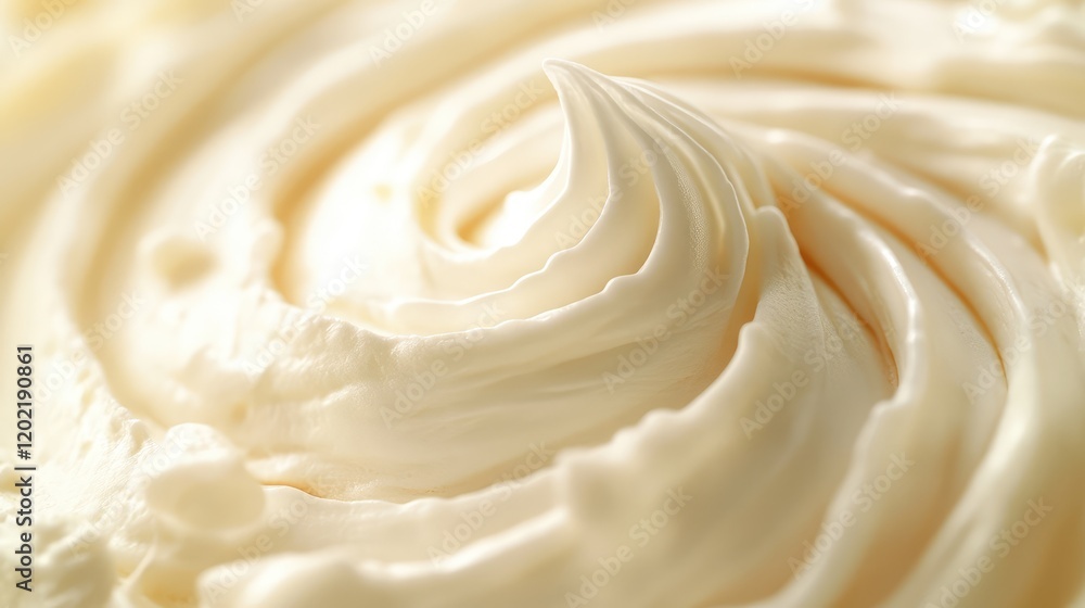 Aufkleber close-up view of creamy white frosting with a swirling texture and smooth surface suitable for desse