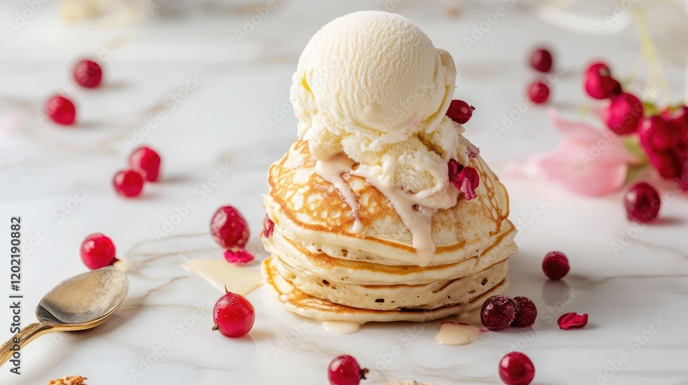 Poster stack of pancakes topped with vanilla ice cream, drizzled syrup, and garnished with red berries on m