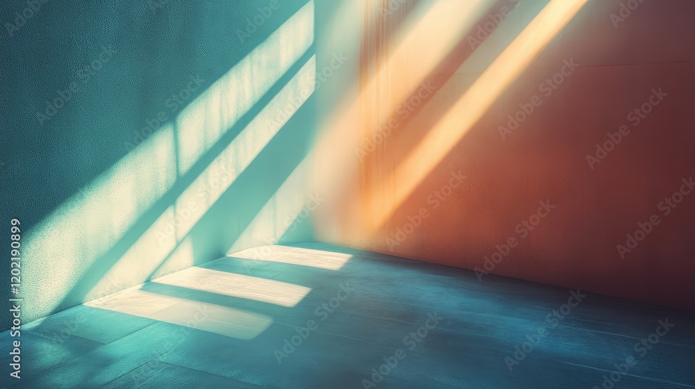 Poster abstract light and shadow patterns on textured walls in an empty room with copy space for text place