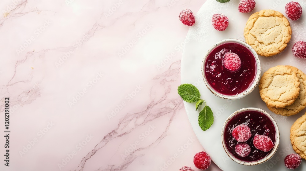 Aufkleber raspberry jam in white bowls with fresh raspberries and cookies on marble surface with copy space fo