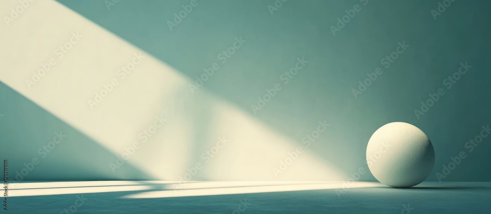 Poster minimalistic composition of a white sphere casting shadow in soft light with diagonal beam on a text