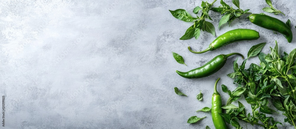 Poster Fresh green chilies and aromatic herbs arranged on a textured gray surface with Copy Space for text placement