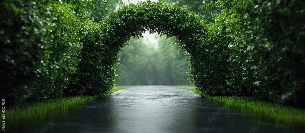 Poster lush green archway of foliage over a tranquil river with misty background and reflections on water c