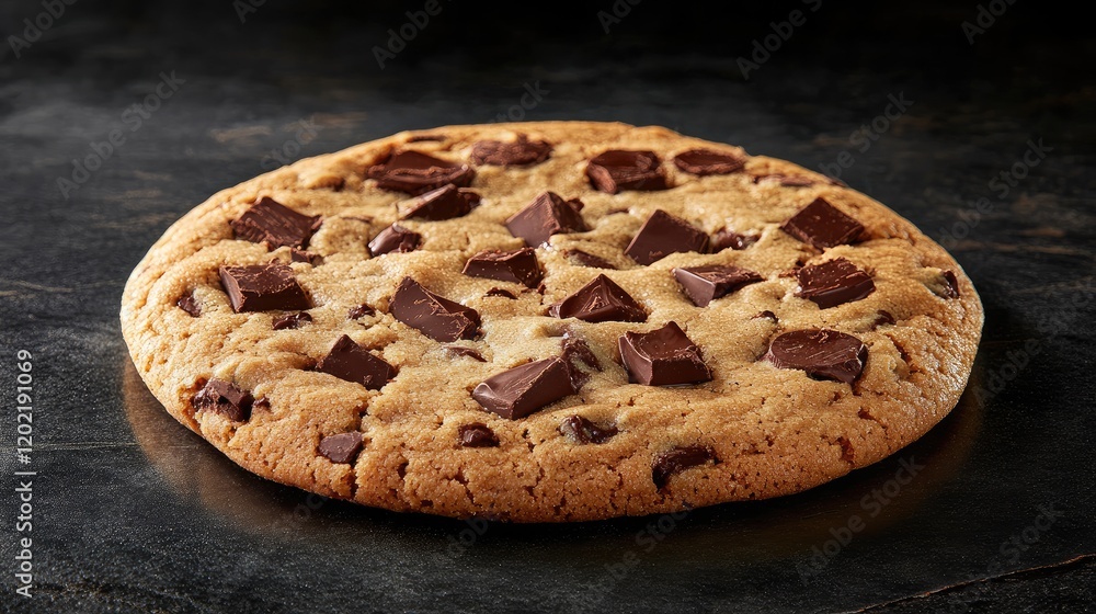 Poster chocolate chip cookie on a dark background with chocolate pieces, isolated, copy space available for
