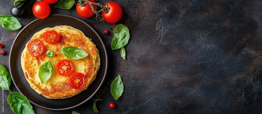 Poster vegetable frittata with fresh tomatoes and basil on a black plate with copy space for text