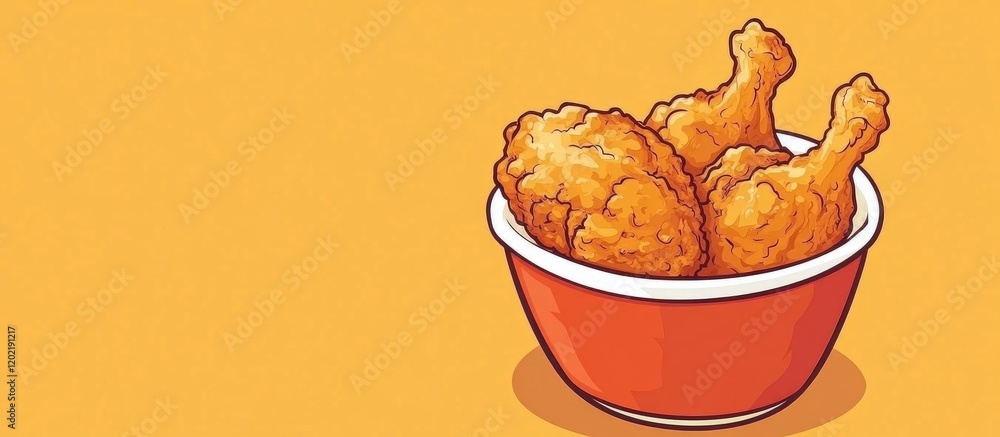 Aufkleber fried chicken drumsticks in a red bowl on a bright yellow background with ample copy space