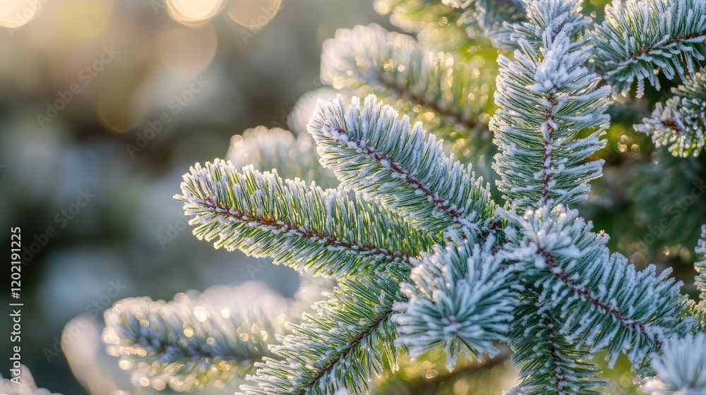 Poster Frosted pine tree branches close-up with soft lighting and bokeh effect Copy Space