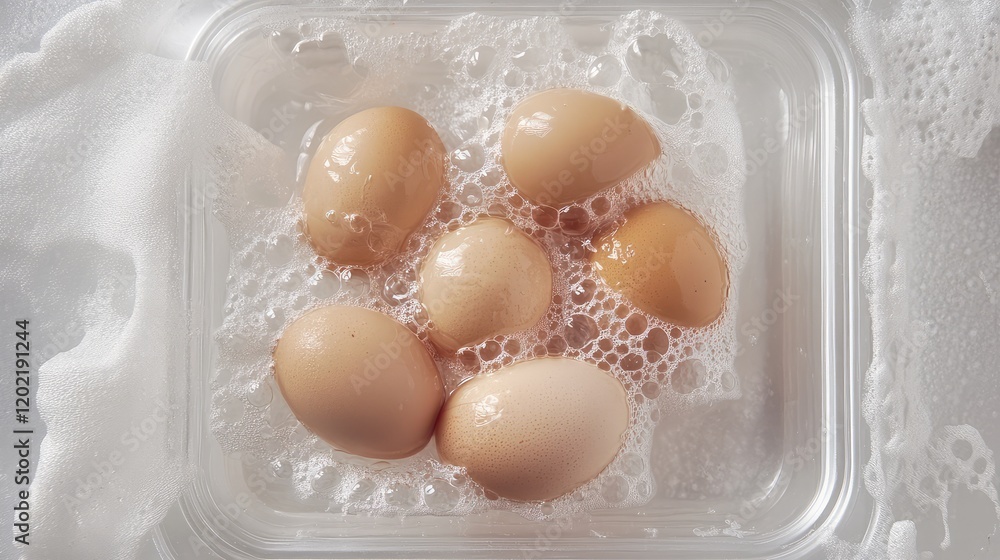 Aufkleber fresh eggs submerged in soapy water within a clear container showcasing bubbles with white backgroun