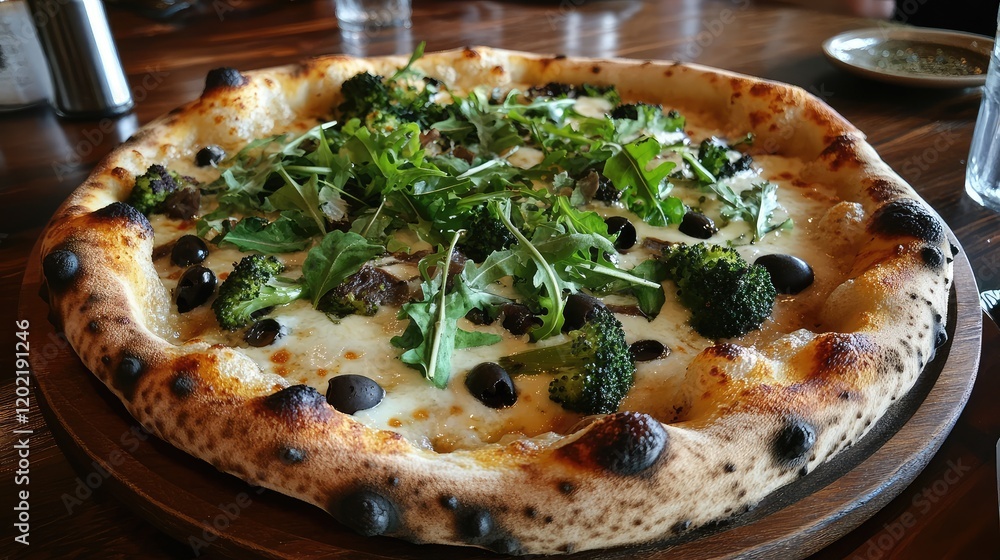 Aufkleber vegetarian pizza topped with fresh greens and broccoli served on a wooden board with rustic setting 