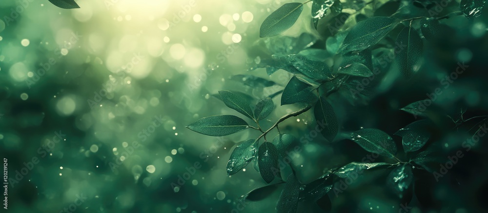 Aufkleber Nature blurred background with green leaves and bokeh light effects featuring ample Copy Space for text placement