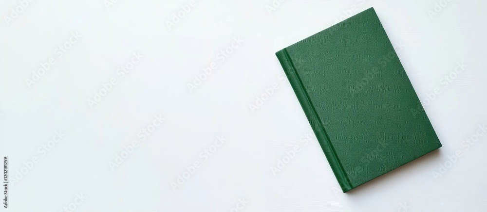 Poster green hardcover book lying on a white background with ample copy space for text insertion